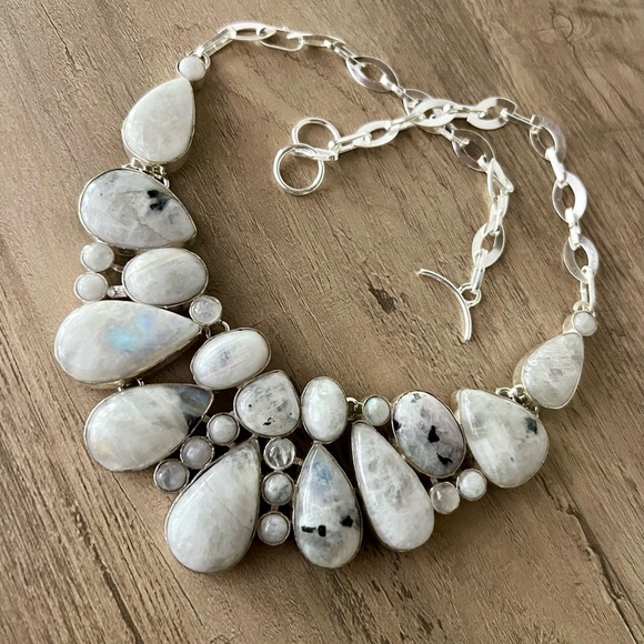 925 MOON GODDESS Rainbow Flash Moonstone Collar Bib Necklace - Picture 7 of 9